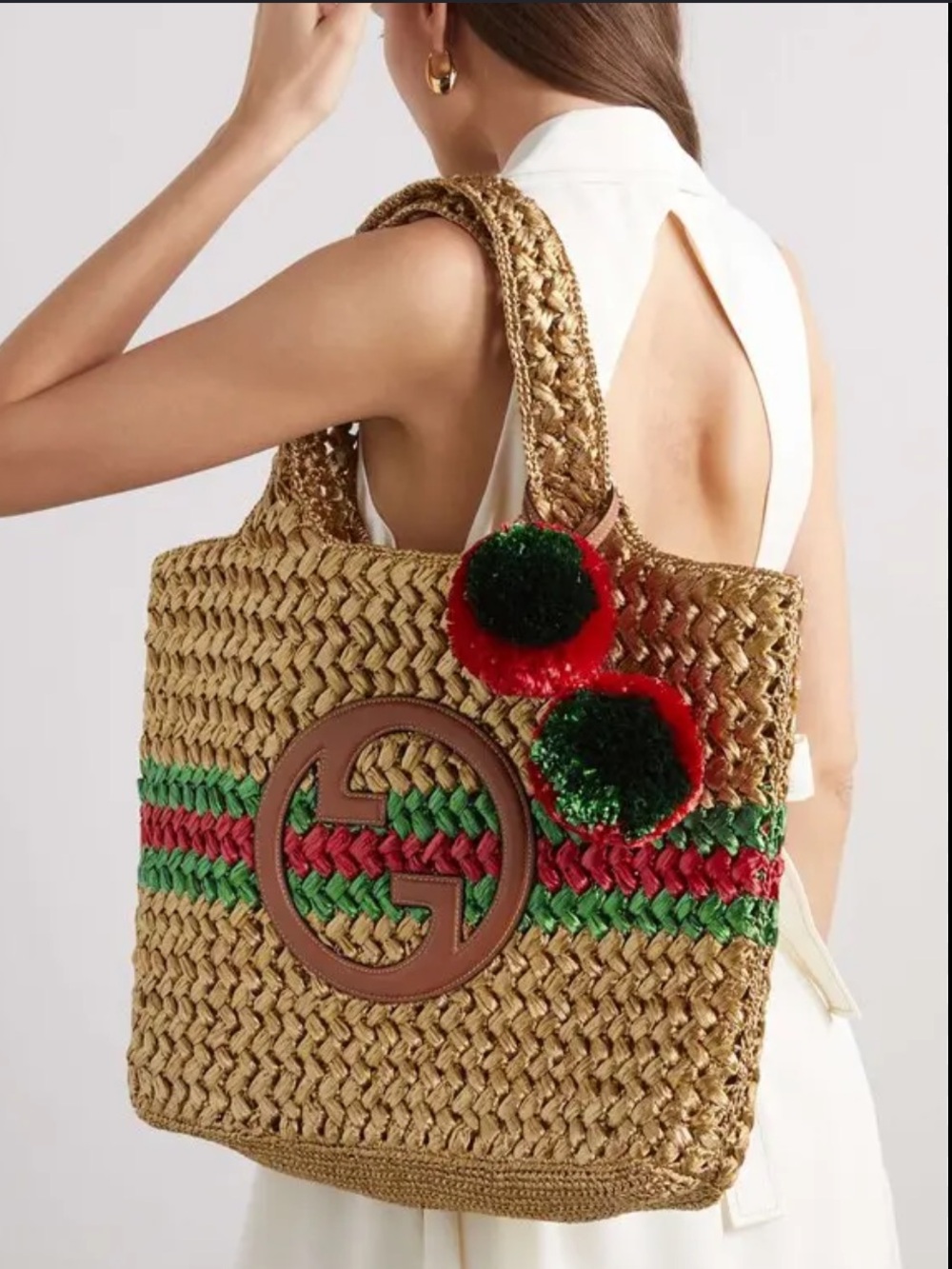 Gucci Metallic Crochet Raffia Tote w Leather GG NEW NWT